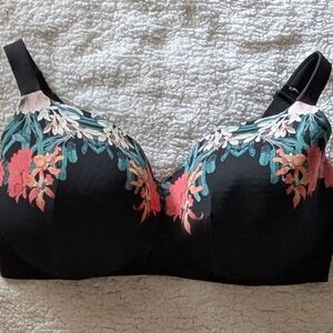 Cacique, By Lane Bryant, Black Bra with Pink and Green Floral Design